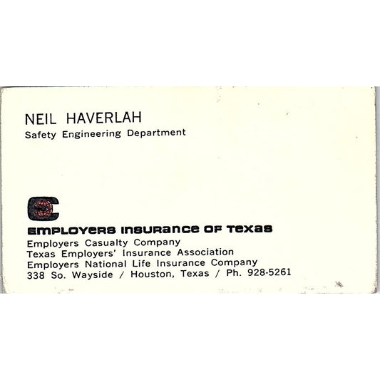 Neil Haverlah Employers Ins of Texas Houston Vintage Business Card SD9-B6