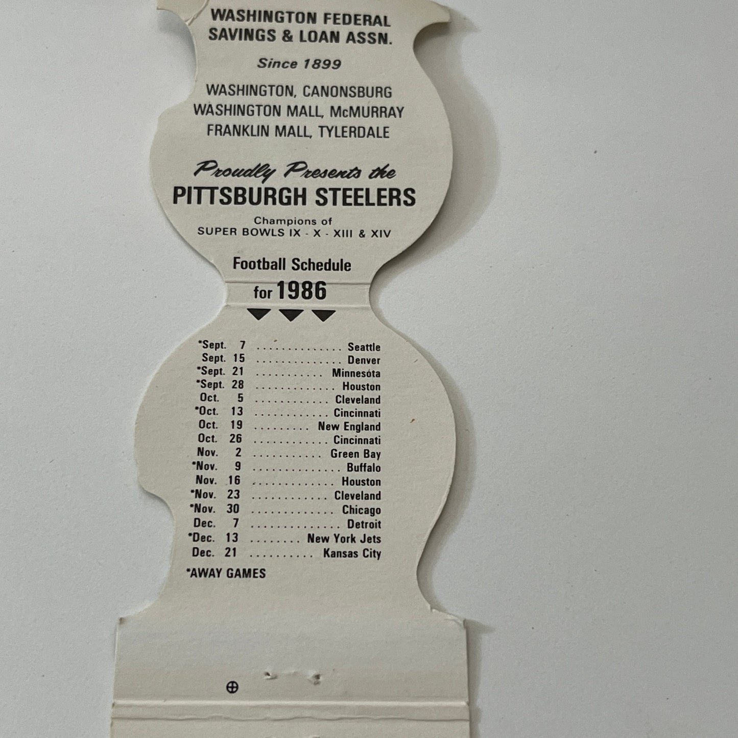 1986 Pittsburgh Steelers Football Schedule Vintage Matchbook Cover TB6-MB1-14