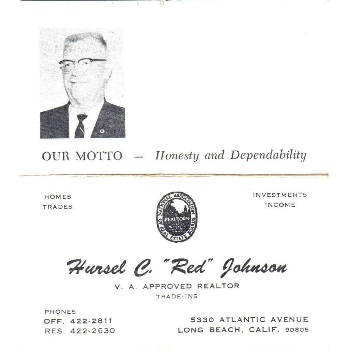 Hursel C. "Red" Johnson Realtor Long Beach CA Vintage Business Card SD8-B1