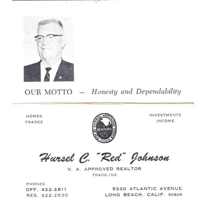Hursel C. "Red" Johnson Realtor Long Beach CA Vintage Business Card SD8-B1