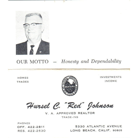 Hursel C. "Red" Johnson Realtor Long Beach CA Vintage Business Card SD8-B1