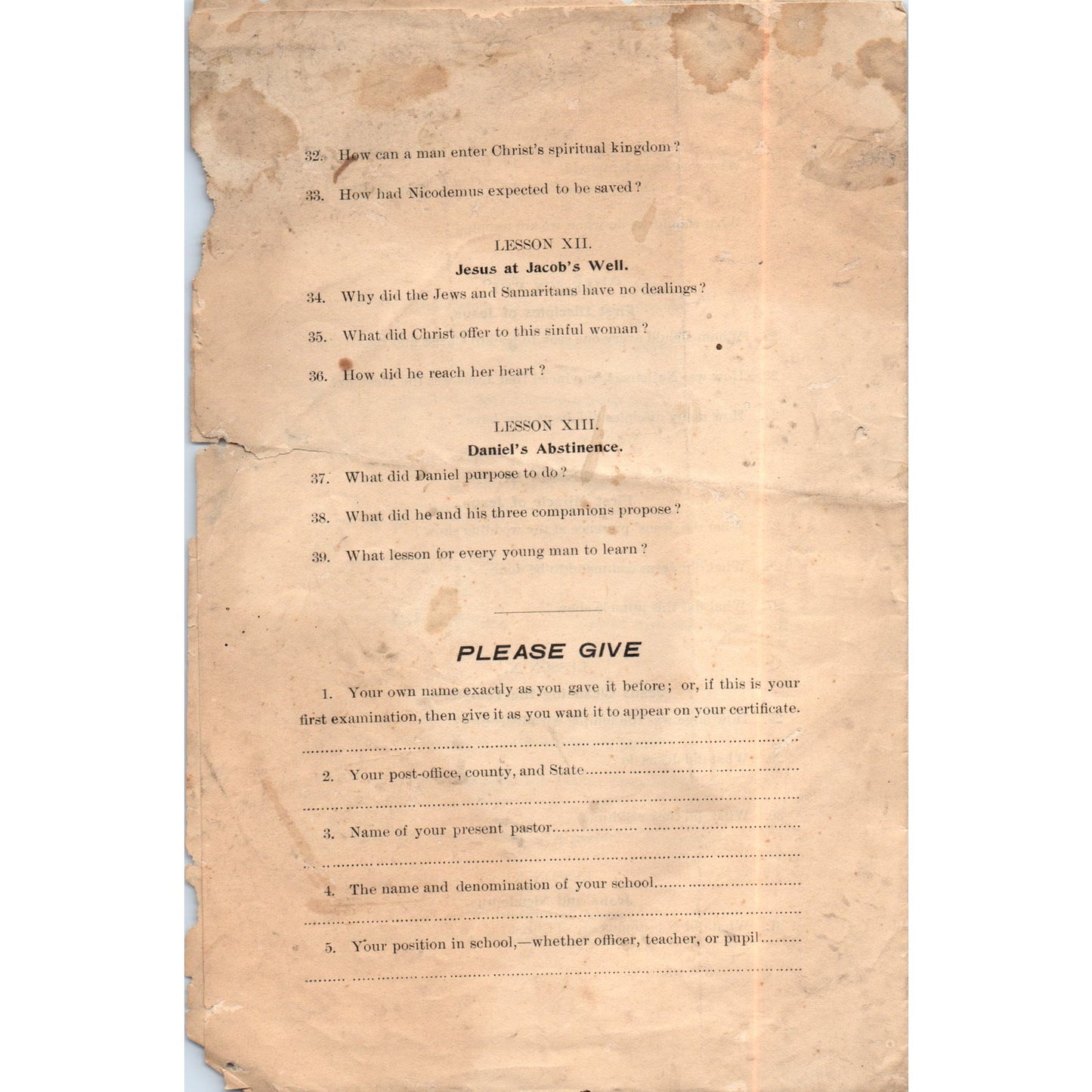 1894 International Sunday-School Lessons Examination Sheet D21