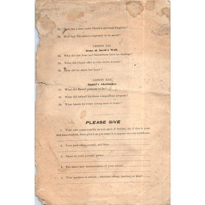 1894 International Sunday-School Lessons Examination Sheet D21