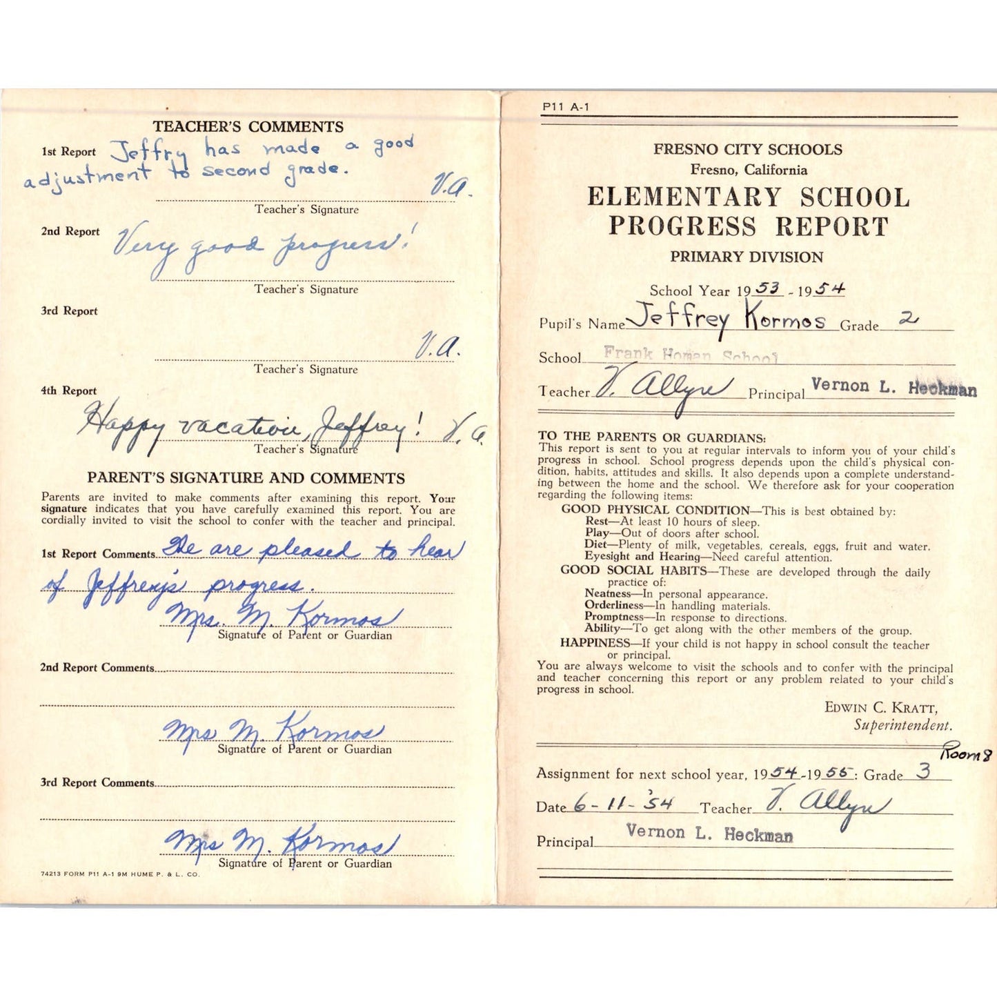 1953-54 Fresno City Schools Fresno CA Report Card Jeffrey Kormos Grade 2 AB9