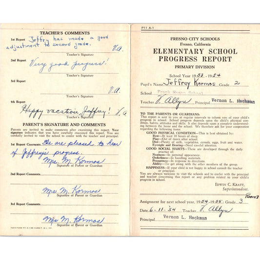 1953-54 Fresno City Schools Fresno CA Report Card Jeffrey Kormos Grade 2 AB9