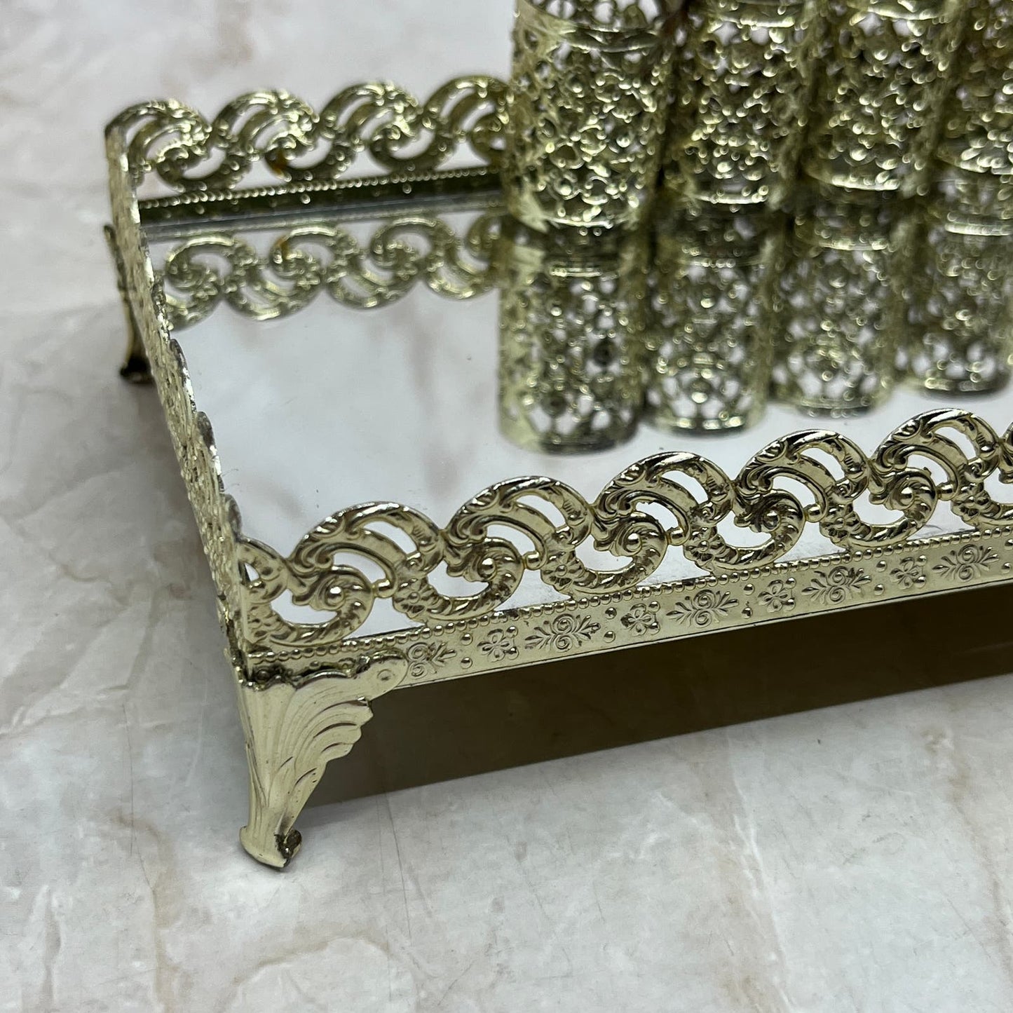 Vintage Lipstick Holder Gold Tone Filigree Ornate Vanity 4 Tubes 4x8” TJ4