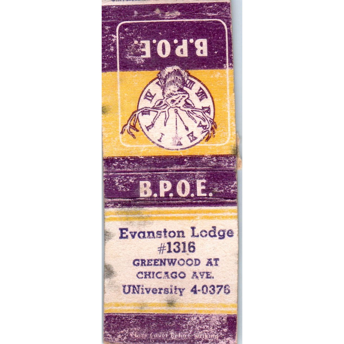 B.P.O.E. Evanston Lodge #1316 IL Vintage Matchbook Cover SF4-Y4