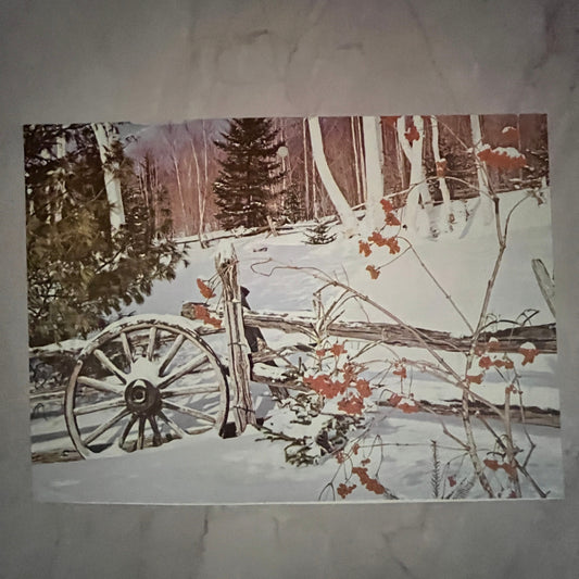 1893 Retro Country Winter Scene Wagon Wheel Fence Snow 10.5x10" Art Print V17