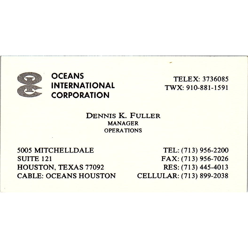Dennis K Fuller Oceans International Corp Houston Vintage Business Card SD9-B7