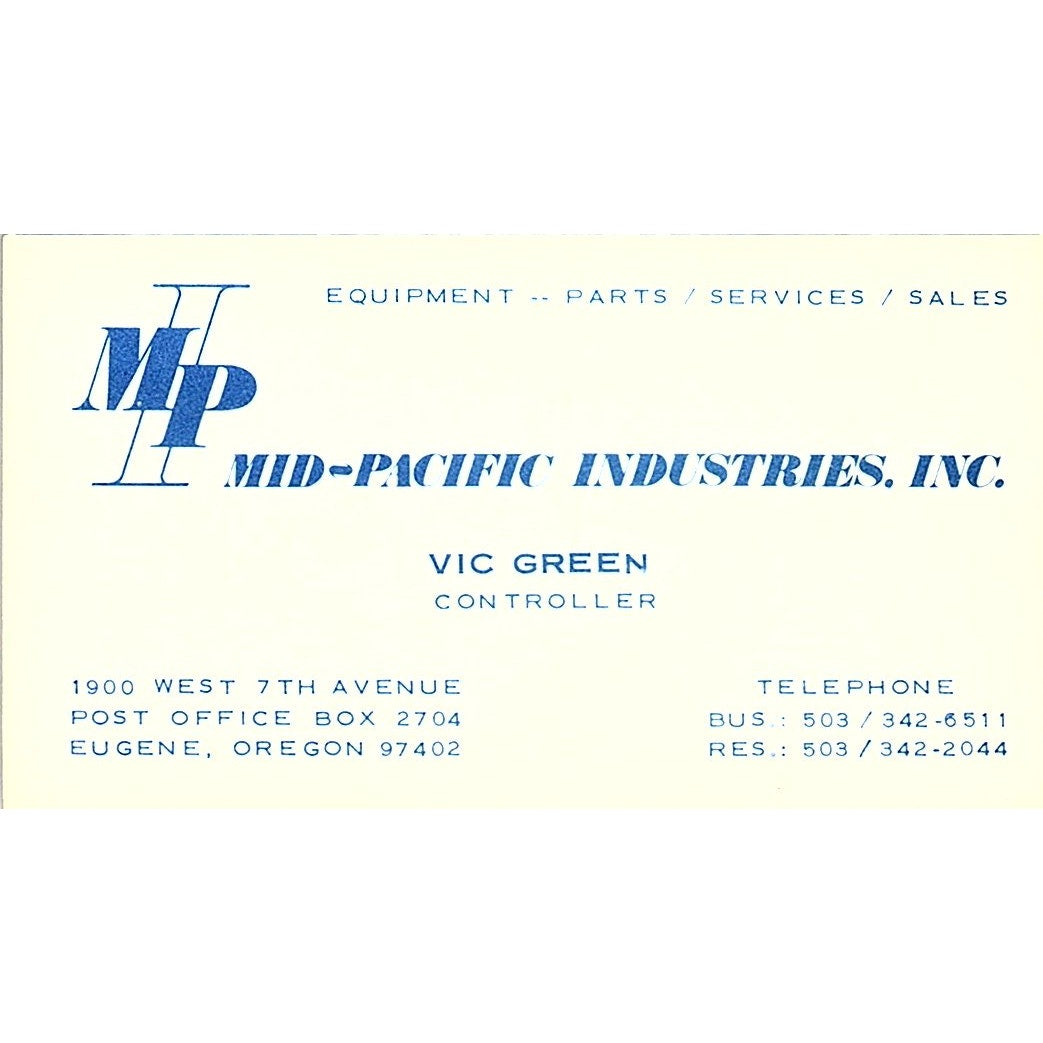 Mid-Pacific Industries Vic Green Eugene Oregon Vintage Business Card SB4-B4