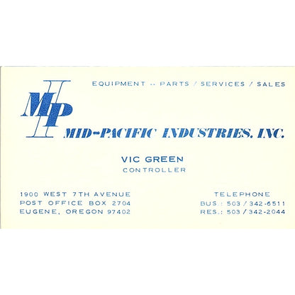 Mid-Pacific Industries Vic Green Eugene Oregon Vintage Business Card SB4-B4