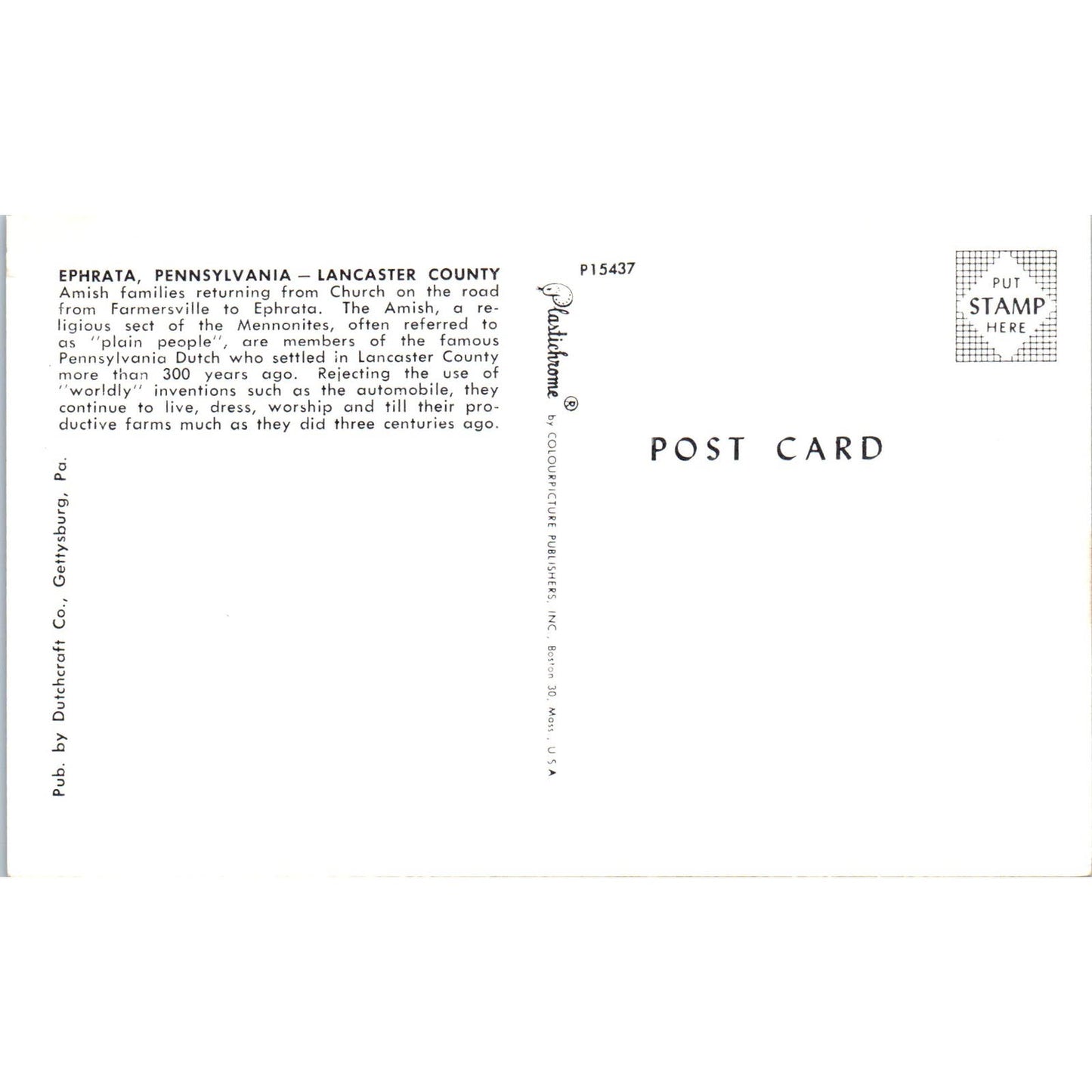 Ephrata Amish Family Church Pennsylvania Dutch Country Vintage Postcard PD5