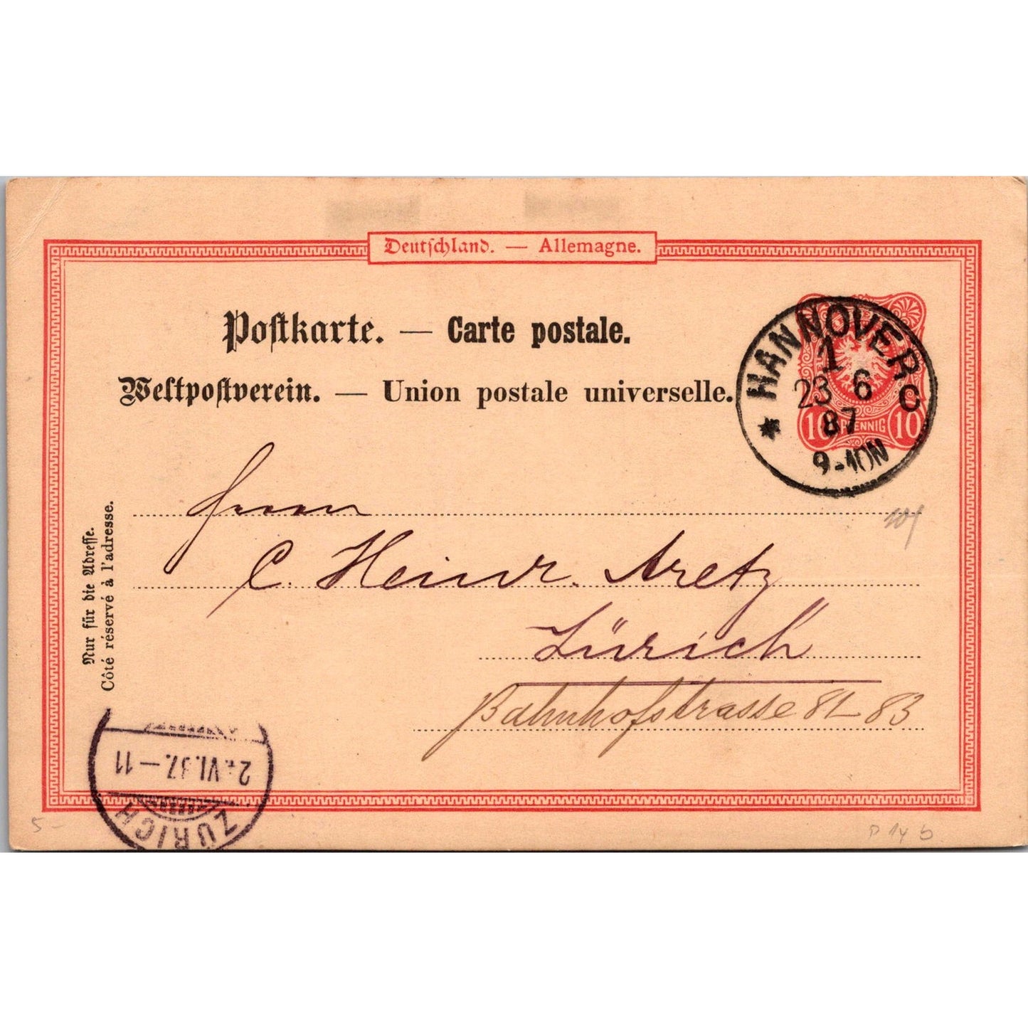 Zürich Hannover Continental Caoutchouc & Guttapercha 1887 Reich Postcard TE2-GRP