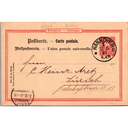 Zürich Hannover Continental Caoutchouc & Guttapercha 1887 Reich Postcard TE2-GRP