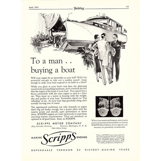 Scripps Marine Engines Scripps Motor Co Detroit MI 1932 Ad V1-4