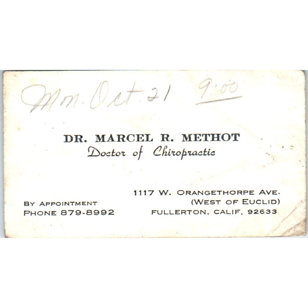Dr. Marcel R. Methot Chiropractor Fullerton CA Vintage Business Card SE3-B7