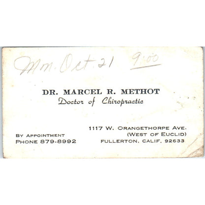 Dr. Marcel R. Methot Chiropractor Fullerton CA Vintage Business Card SE3-B7