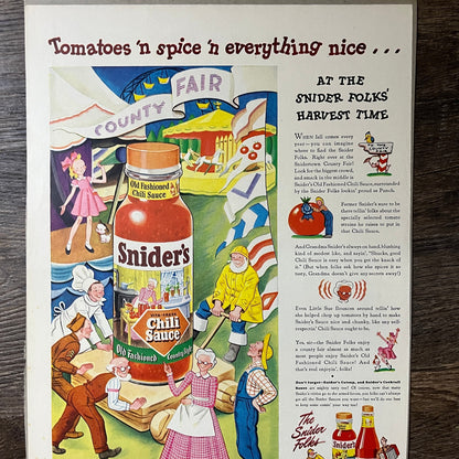 Sniders Chili Sauce County Fair Cartoon Magazine Ad 10x14 V7