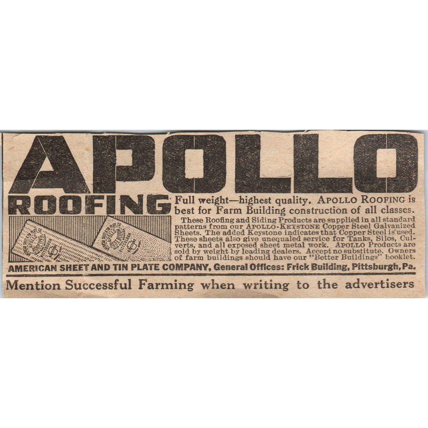 1917 Apollo Roofing American Sheet & Tin Plate Co Pittsburgh PA Magazine Ad AE6