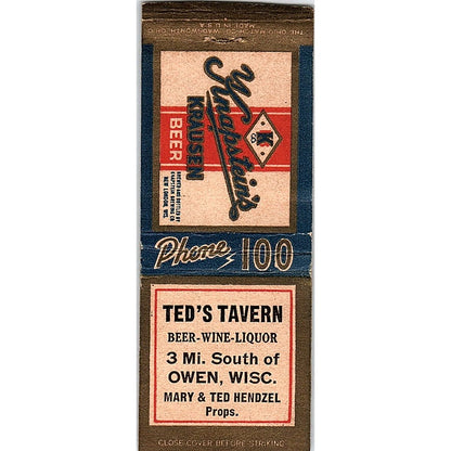 Ted's Tavern Mary & Ted Hendzel Owen WI Vintage Matchbook Cover SE5-Y1