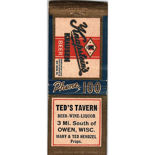 Ted's Tavern Mary & Ted Hendzel Owen WI Vintage Matchbook Cover SE5-Y1