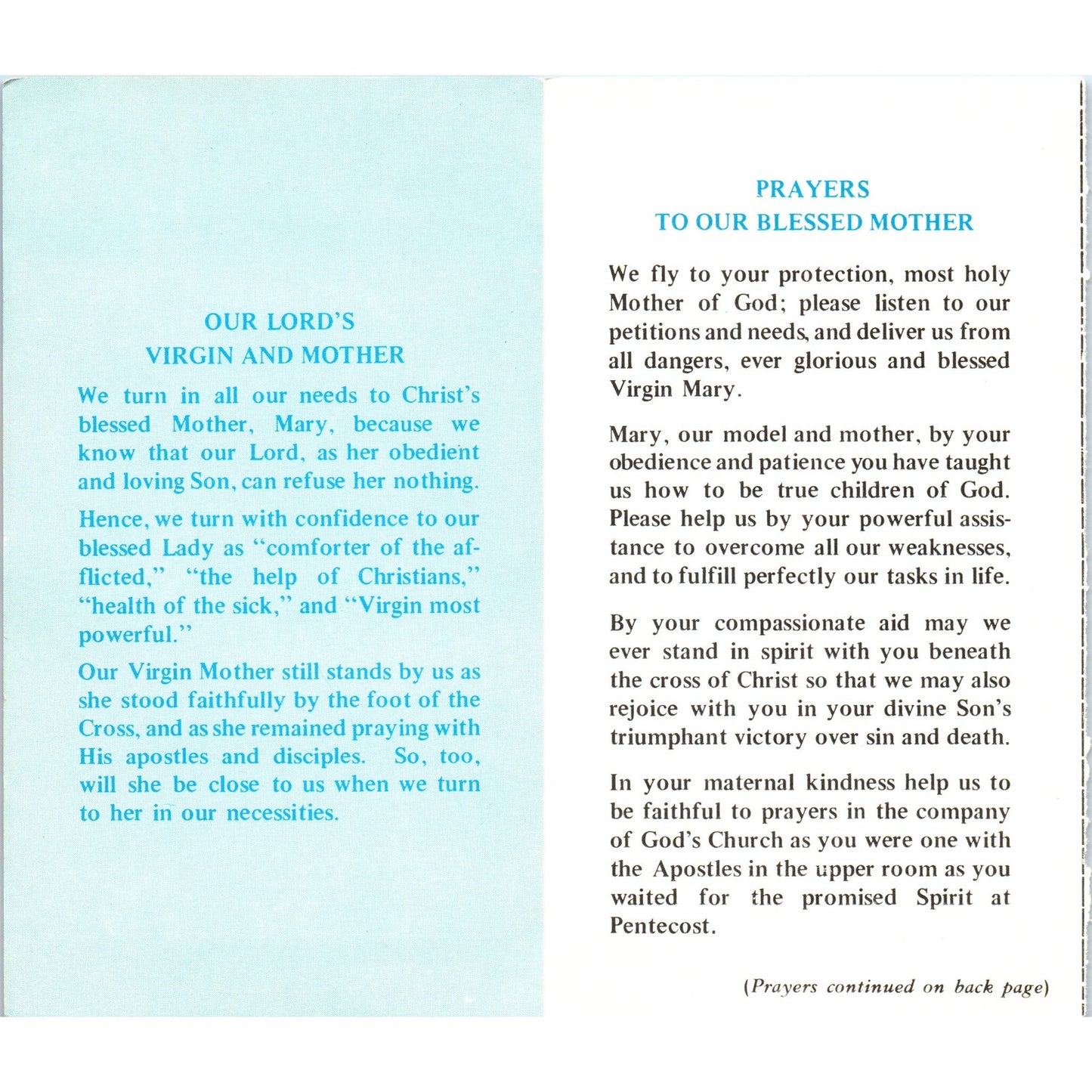 Our Lord's Virgin and Mother Vintage Catholic Prayer Leaflet TH2-PC2