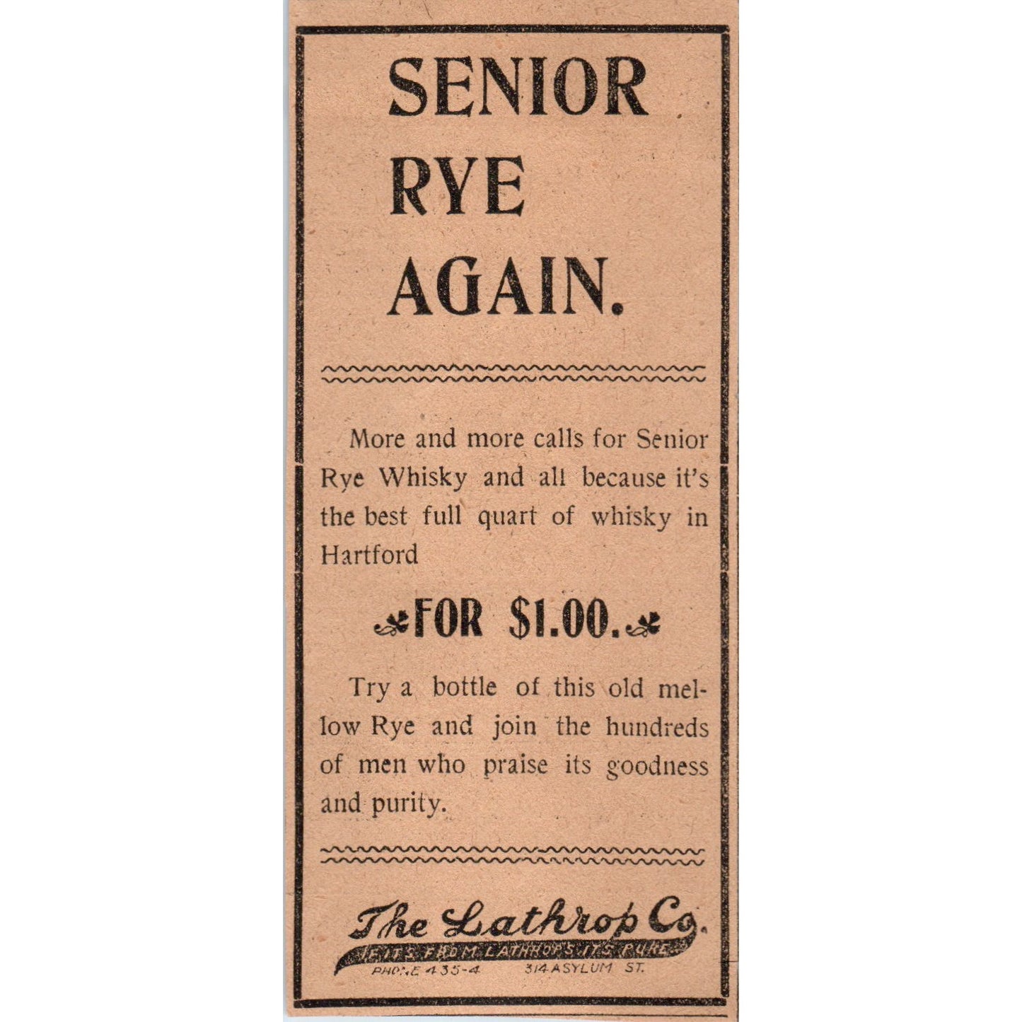 The Lathrop Co Senior Rye Whiskey Hartford 1901 Newspaper Ad AD8-H3
