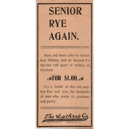 The Lathrop Co Senior Rye Whiskey Hartford 1901 Newspaper Ad AD8-H3