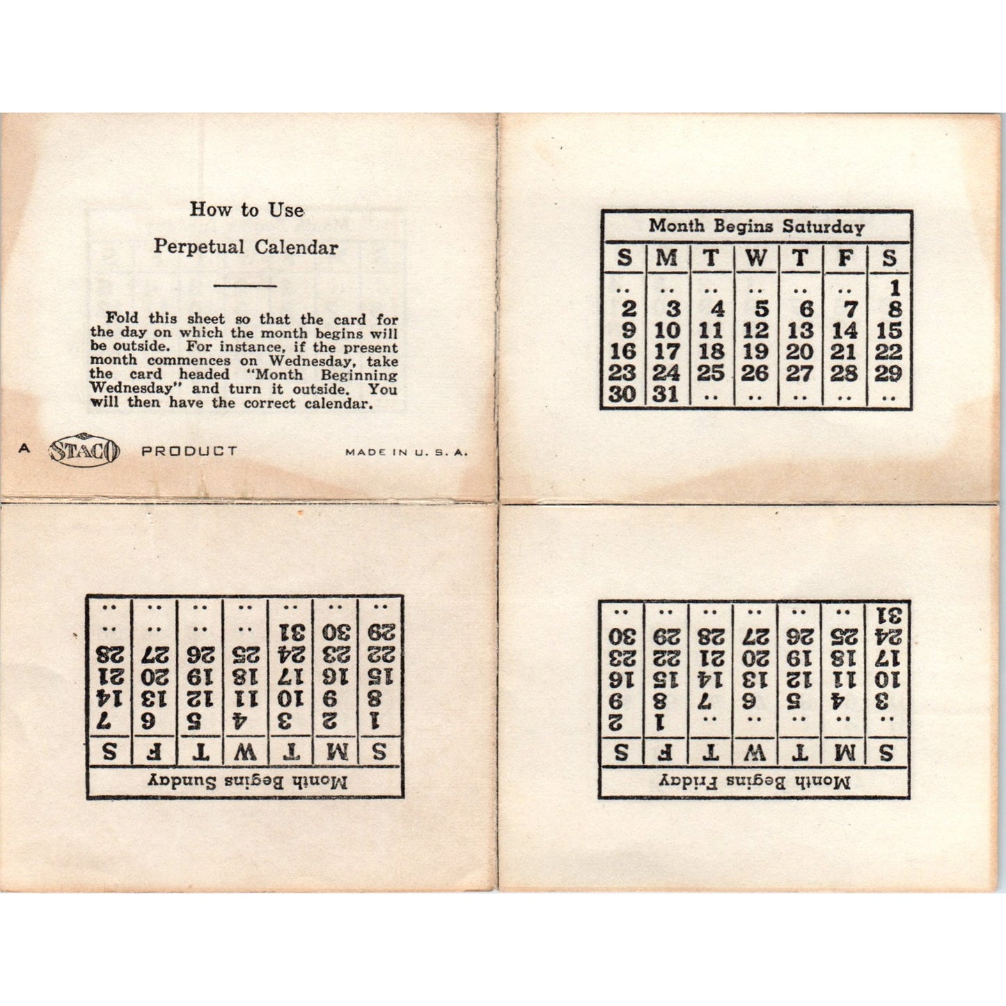Vintage Perpetual Calendar - Staco Product Paper USA 6x5" D18