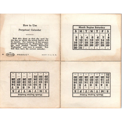 Vintage Perpetual Calendar - Staco Product Paper USA 6x5" D18