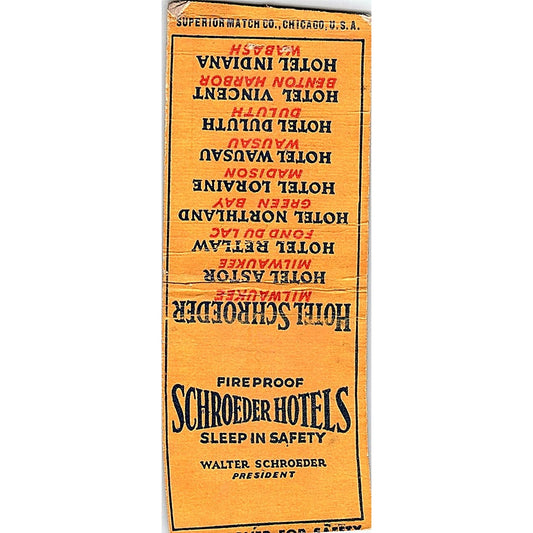 Schroeder Hotels IL, MN, WI Vintage Matchbook Cover SC7-Y4
