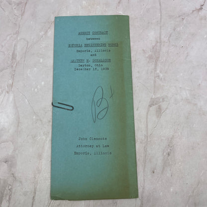 1939 Emporia Engineering Works & Matthew M. Donaldson Agency Contract TA9-E2