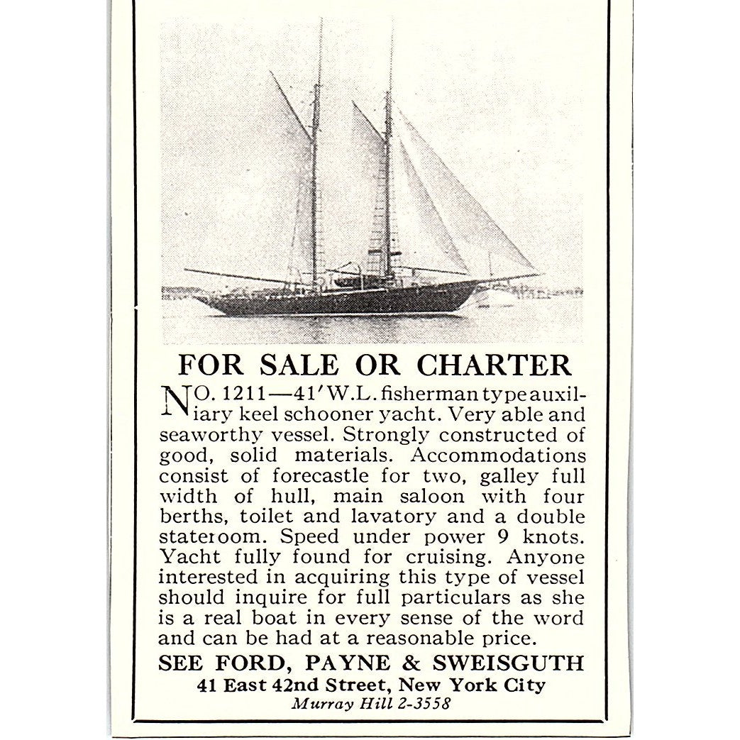 Keel Schooner Yacht - See Ford, Payne & Sweisguth NY 1932 Ad AG2-M18