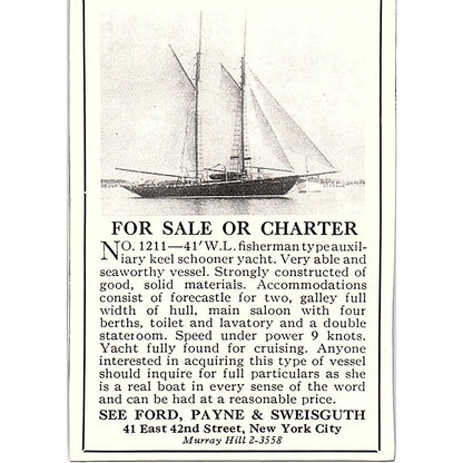 Keel Schooner Yacht - See Ford, Payne & Sweisguth NY 1932 Ad AG2-M18