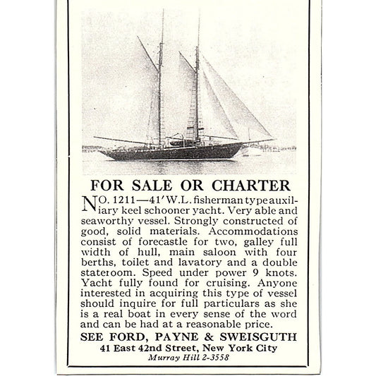 Keel Schooner Yacht - See Ford, Payne & Sweisguth NY 1932 Ad AG2-M18