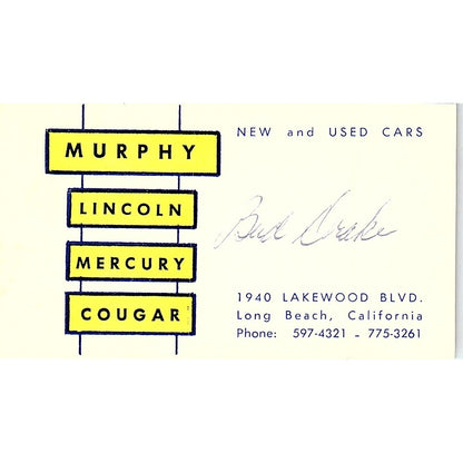 Murphy Lincoln Mercury Cougar Bud Drake Long Beach CA Vint Business Card SF3-B2