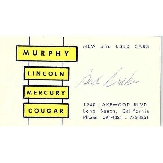 Murphy Lincoln Mercury Cougar Bud Drake Long Beach CA Vint Business Card SF3-B2