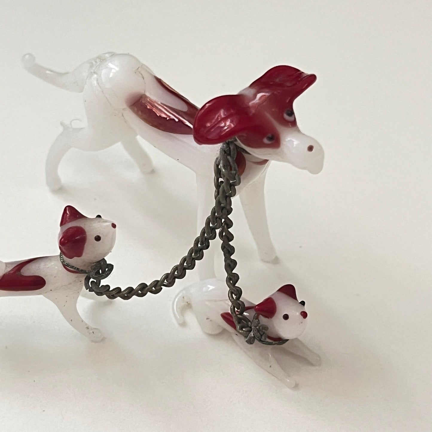 1950's Hand Blown Art Glass Dog With 2 Puppies on Chain 3" Japan SB2