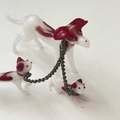1950's Hand Blown Art Glass Dog With 2 Puppies on Chain 3" Japan SB2