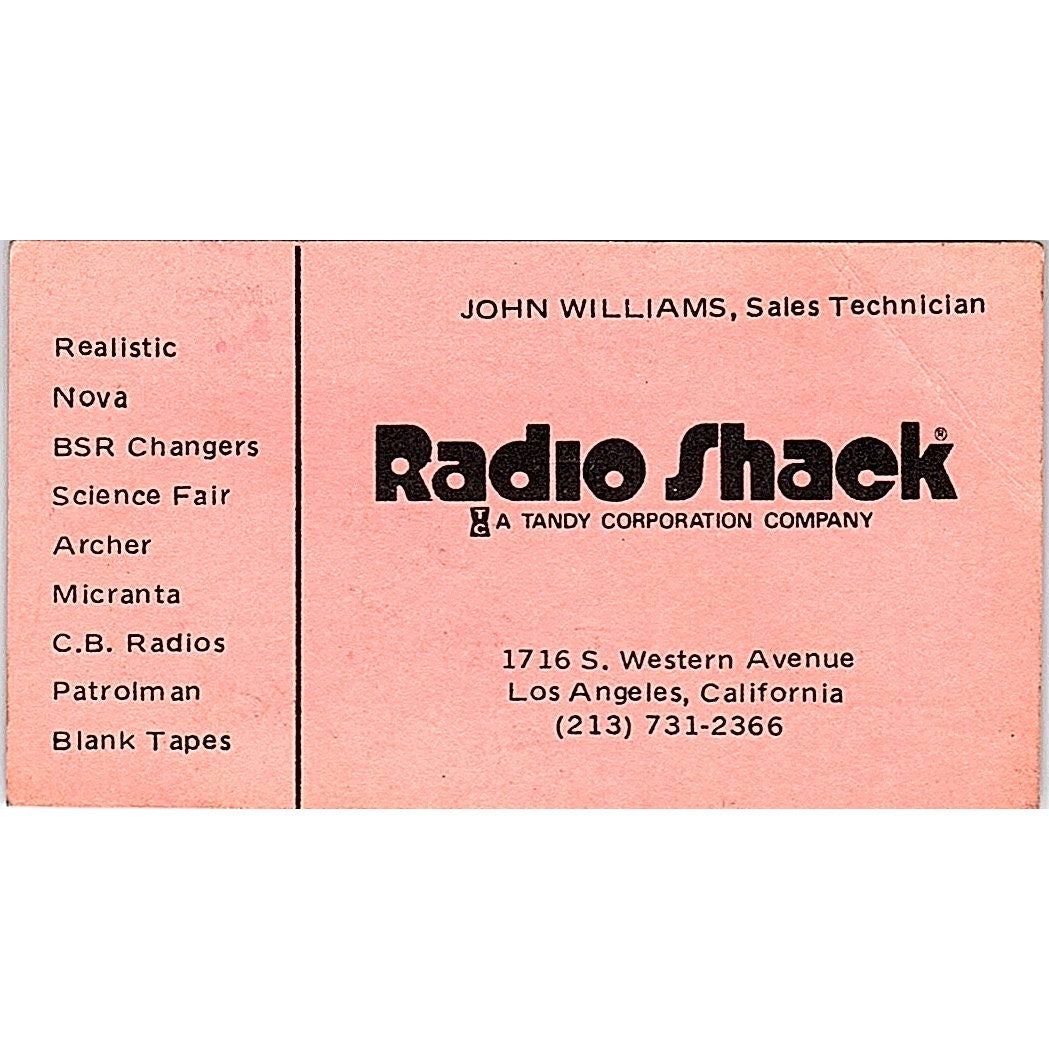 Radio Shack John Williams Los Angeles CA Vintage Business Card SF3-B7