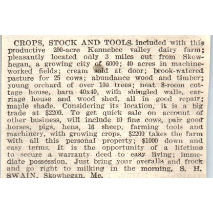 Crops, Stock and Tools S.H. Swain Skowhegan Maine 1905 Magazine Ad AF1-NH2