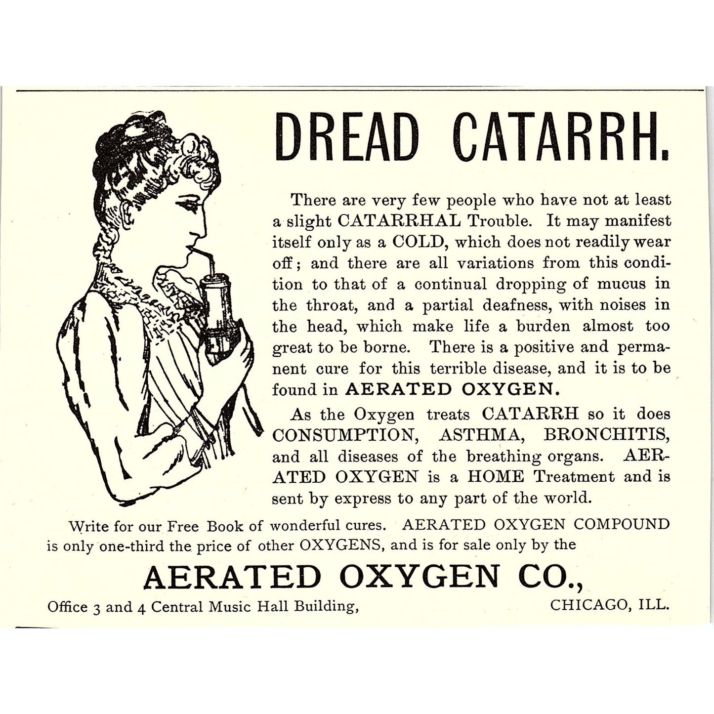 Aerated Oxygen Co Catarrh Treatment Chicago IL 1892 Ad AG2-H6