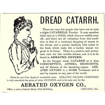 Aerated Oxygen Co Catarrh Treatment Chicago IL 1892 Ad AG2-H6