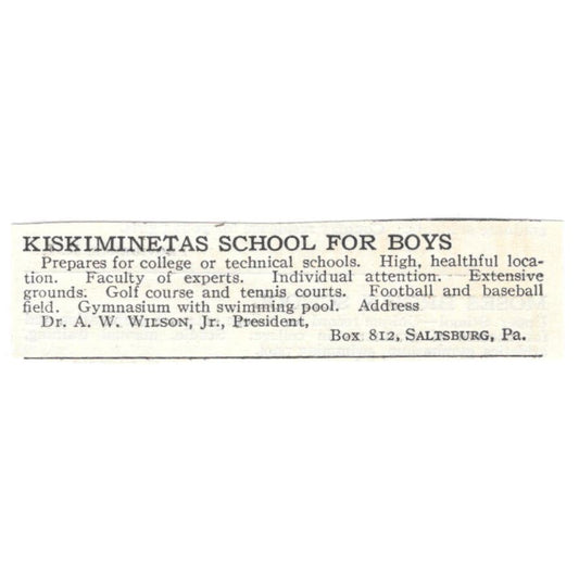 Kiskiminetas Boys School A.W. Wilson Jr. Saltsburg c1918 Advertisement AE5-SA9