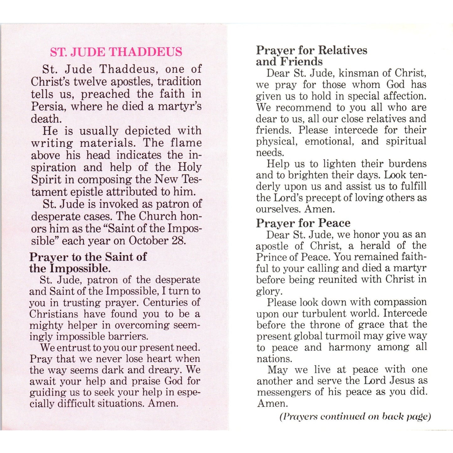 St. Jude Thaddeus Franciscan Mission Vintage Catholic Prayer Leaflet TH2-PC2