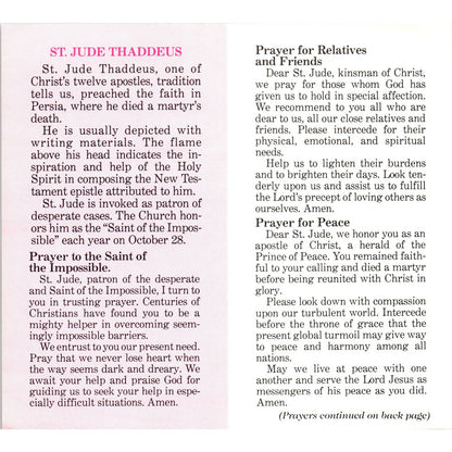 St. Jude Thaddeus Franciscan Mission Vintage Catholic Prayer Leaflet TH2-PC2