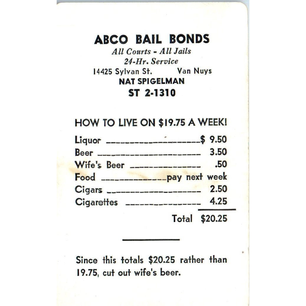 ABCO Bail Bonds Nat Spigelman Van Nuys CA Vintage Business Card SD4-B2