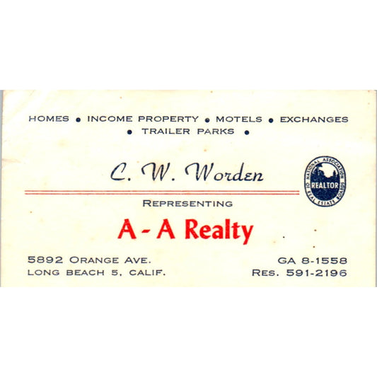 C.W. Worder A-A Realty Long Beach CA Vintage Business Card SD8-B1