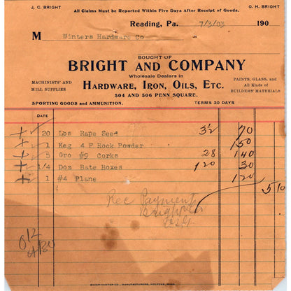 1903 Bright & Company Hardware Reading PA Original Billhead Receipt AE7-2