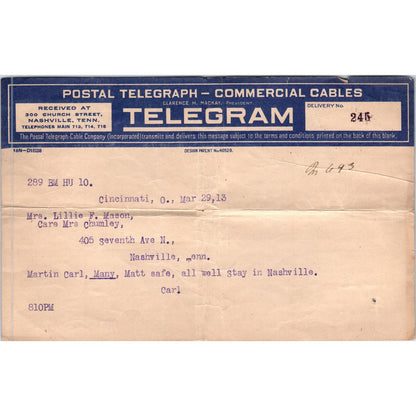 1913 Western Union Telegram Lillie F. Mason Cincinnati Ohio AE6